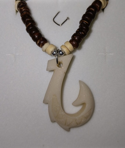 Collier fibre de coco mini hameçon blanc , HOKAHEI PEARL    